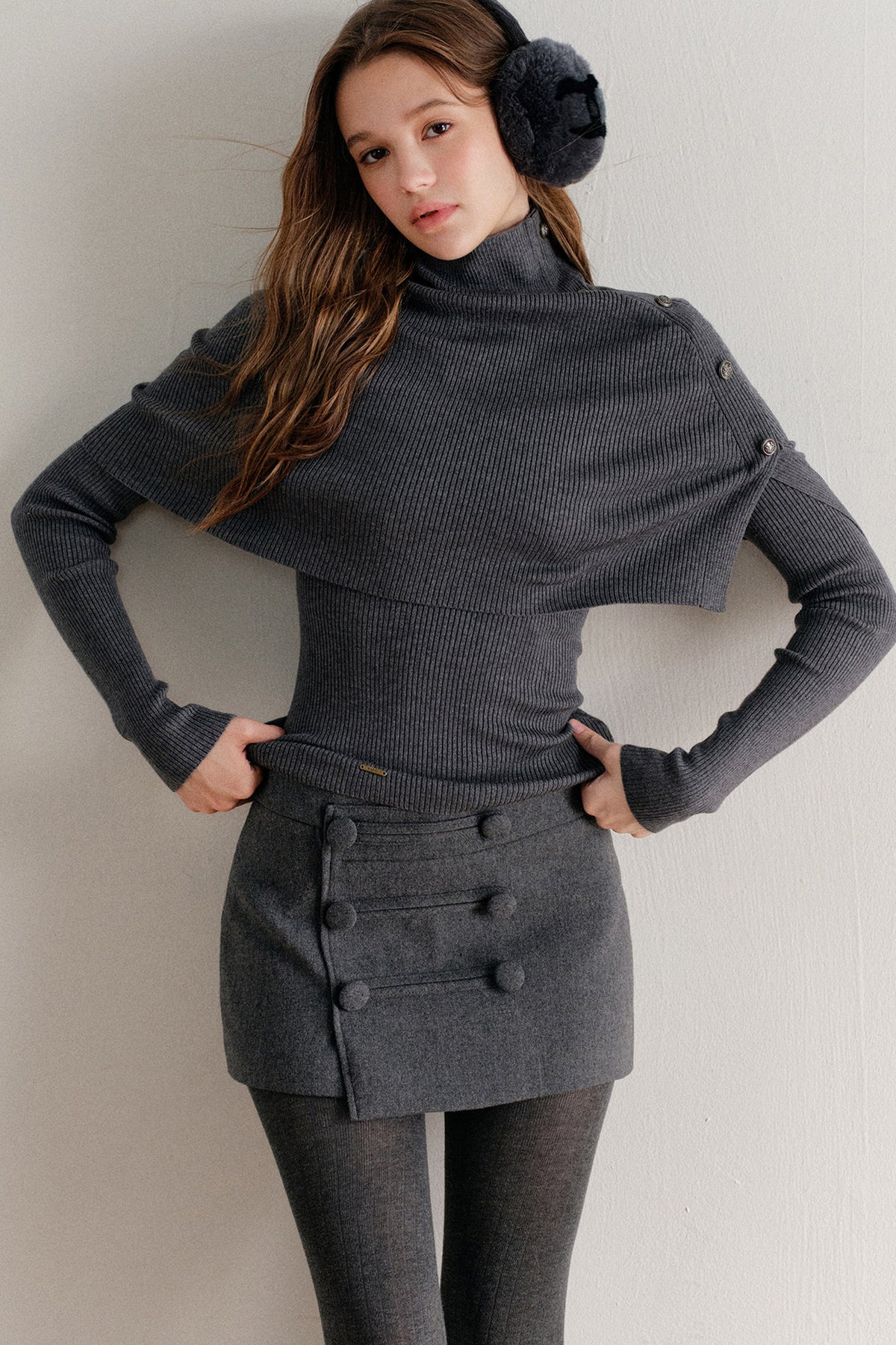 Long-Sleeve Wool Lyocell Knit Top and Detachable Cape Shawl Set