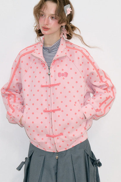 Pink Polka Dot Zipper Sweatshirt Jacket