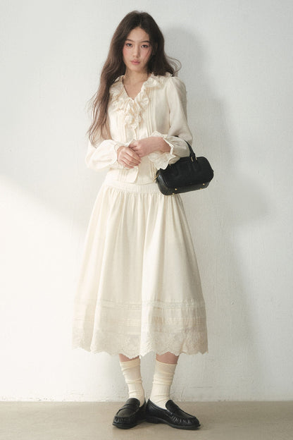 Ruffled Lyocell Shirt and Skirt Set-Up