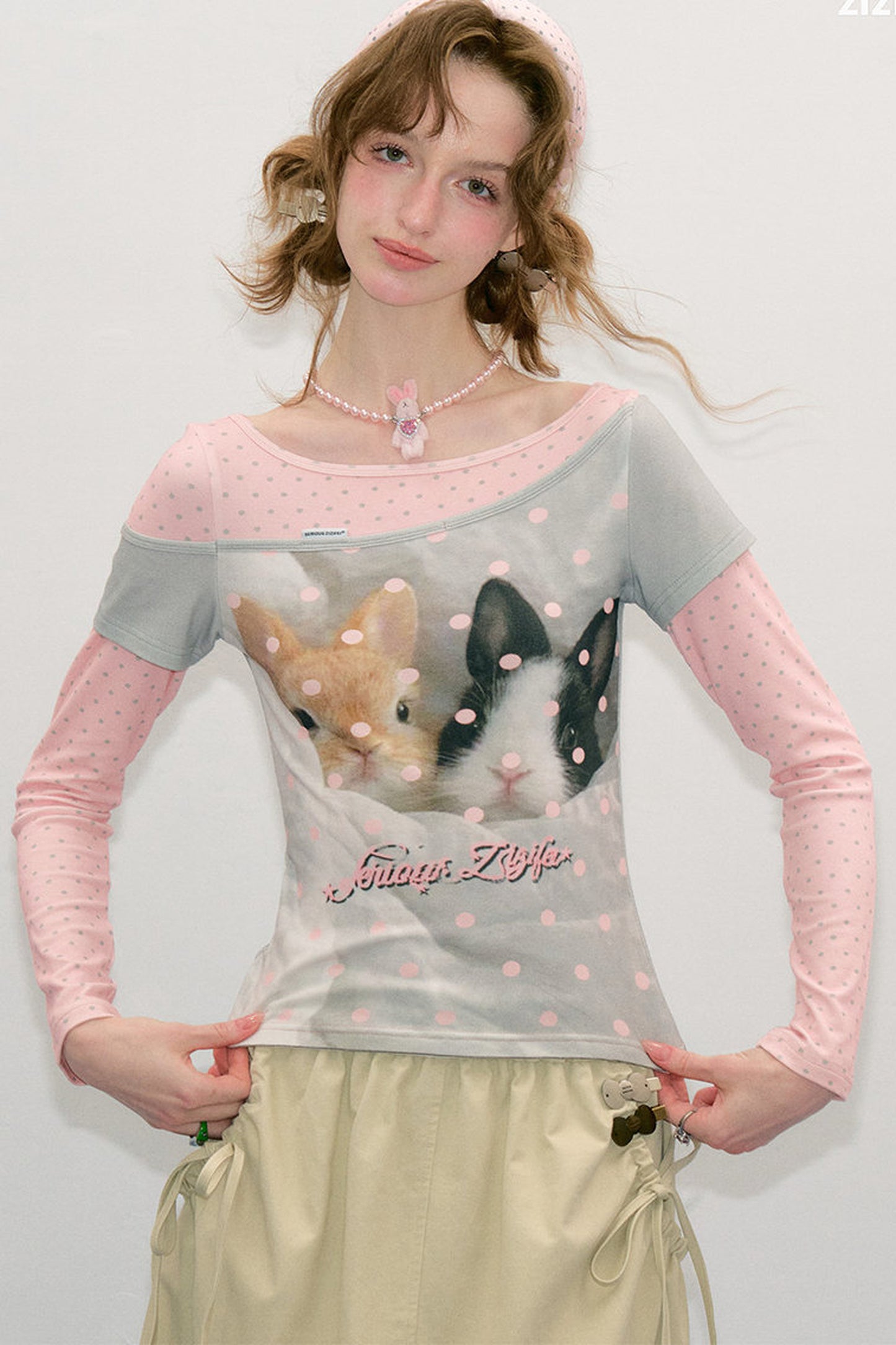 Color-Block Patchwork Rabbit Print Long Sleeve Top
