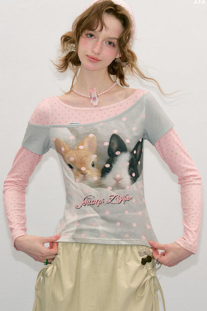 Color-Block Patchwork Rabbit Print Long Sleeve Top