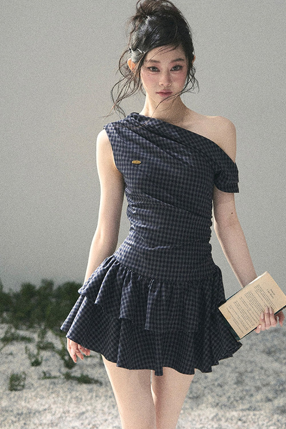 Moonlight Plaid Off-Shoulder Dress