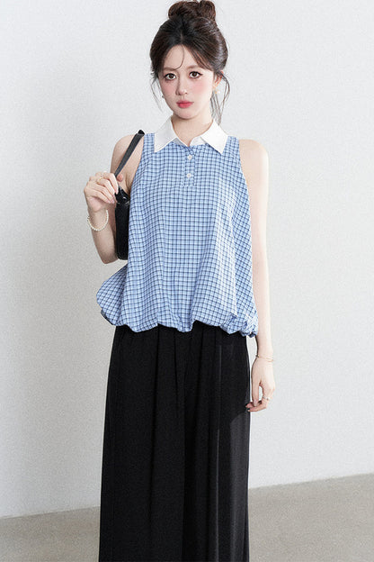 Blaue karierte Halter-Bluse