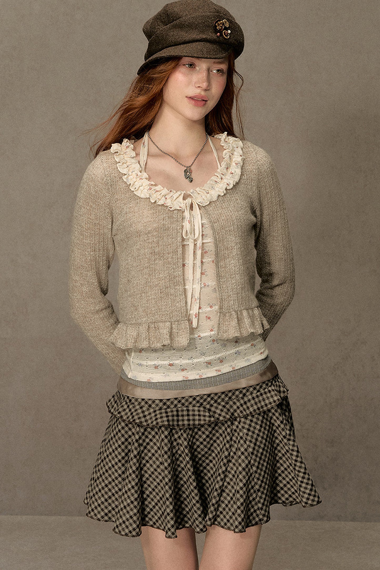 Ruffled Knit Cardigan With Camisole