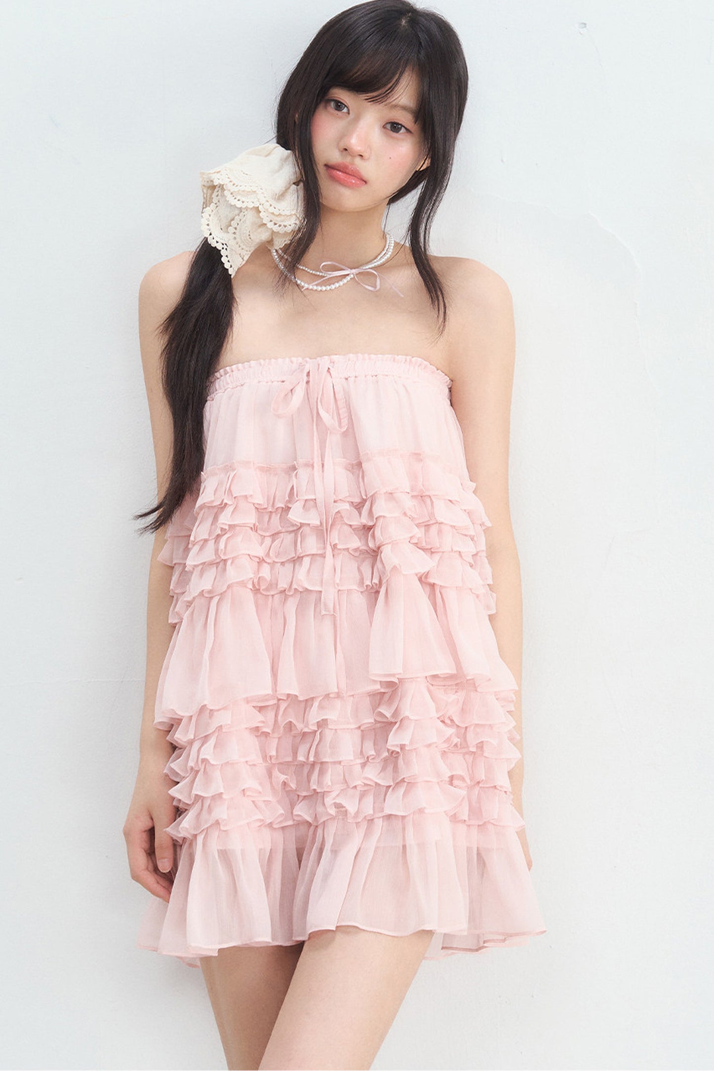 Pink Ruffle Chiffon Tube Top Skirt