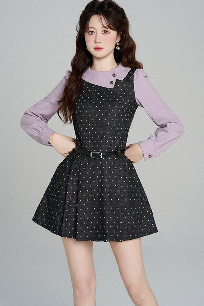 Black Purple Polka Dot Long Sleeve Dress