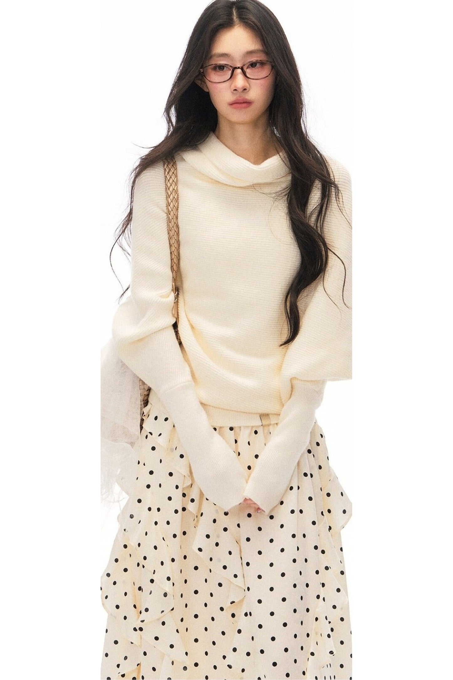 Batwing Knit Top and Polka Long Skirt Set-Up