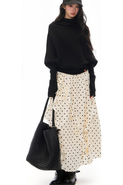 Batwing Knit Top and Polka Long Skirt Set-Up