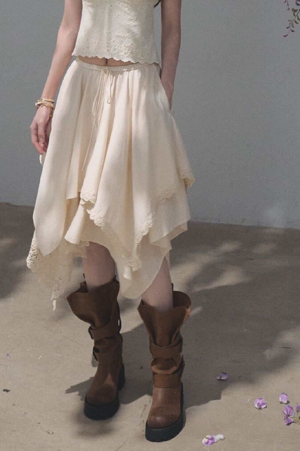 Irregular Hem Cotton Linen Lace Skirt