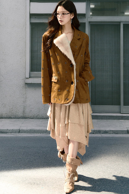 Beaded Suede Detachable Fur Collar Jacket