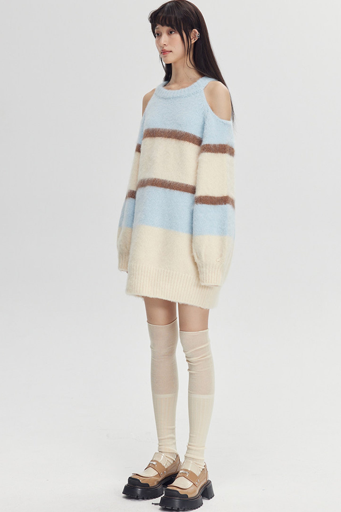 Off-Shoulder Striped Knit Sweater