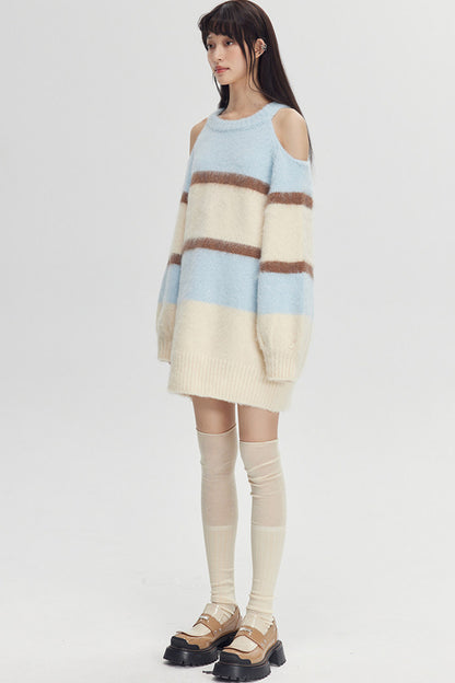 Off-Shoulder Striped Knit Sweater