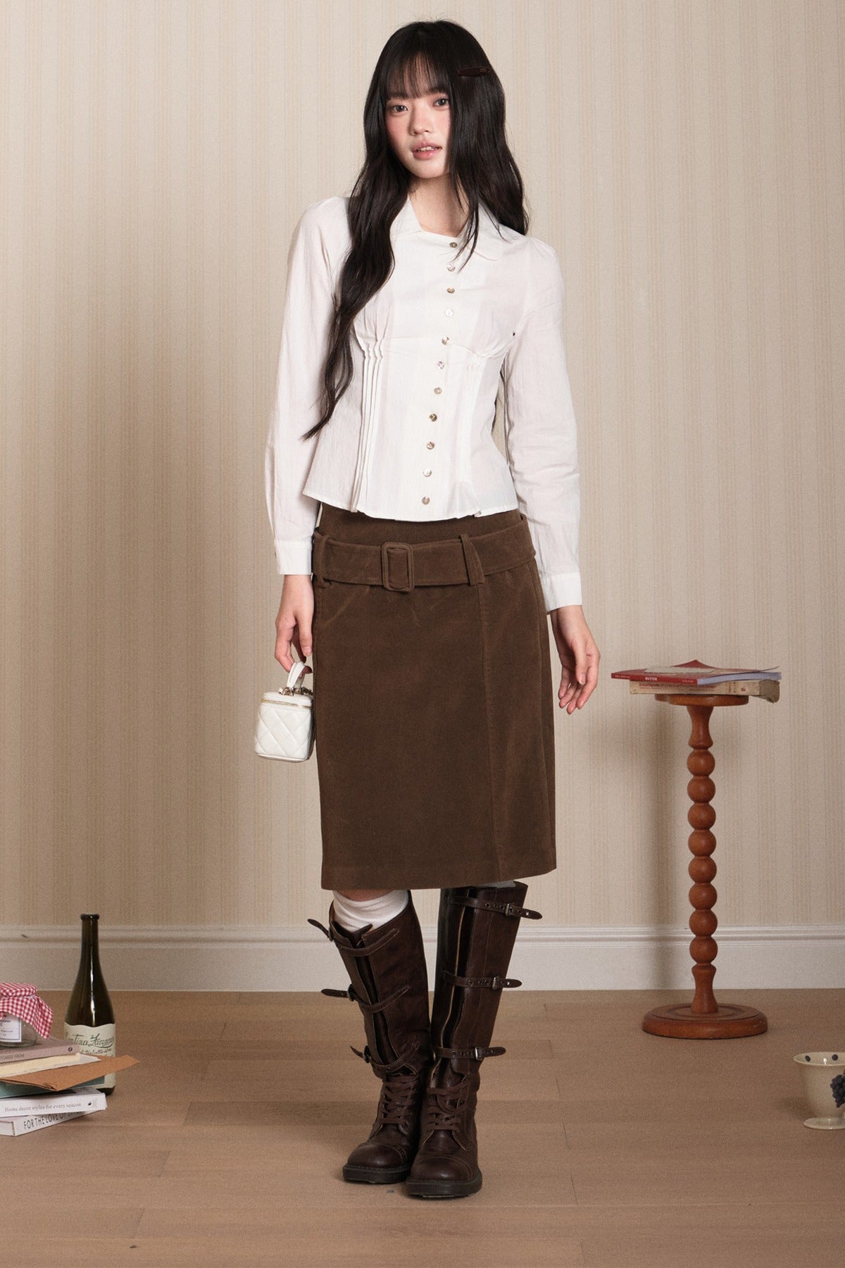 Pleated Shell Button Lapel Shirt
