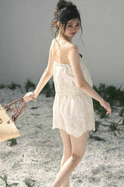 Embroidered Floral Vest and Shorts Set-Up