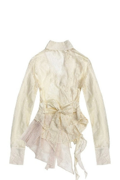 Creamy Lace Patchwork Adjustable Shirt and Stretch Shorts Set-Up