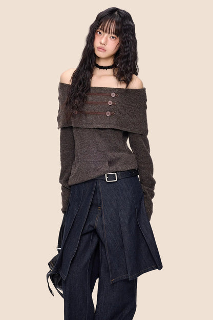 Button Off-Shoulder Knit Top