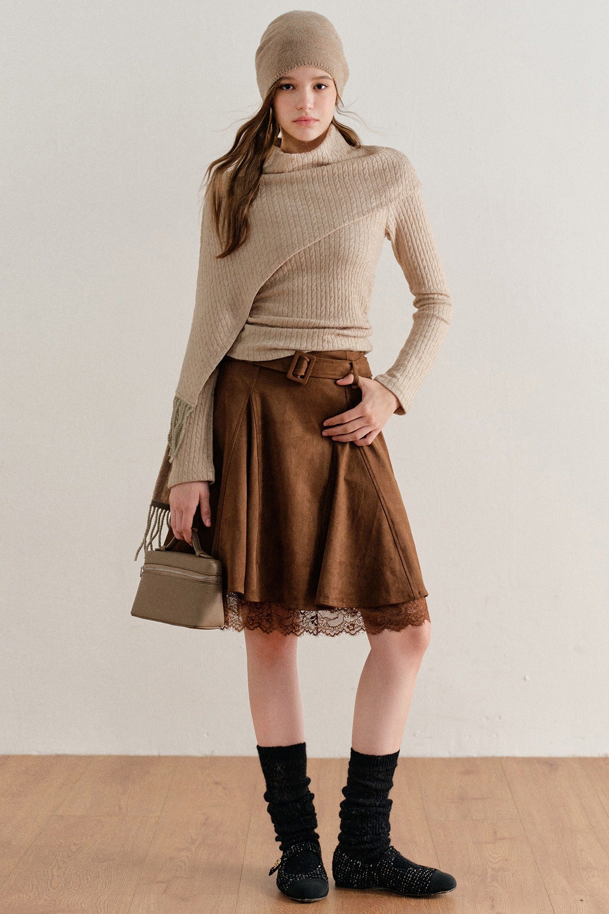 Faux Suede Lace Patchwork Skirt