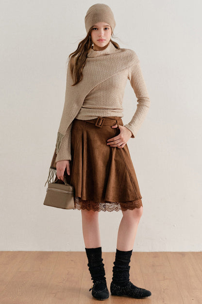 Faux Suede Lace Patchwork Skirt