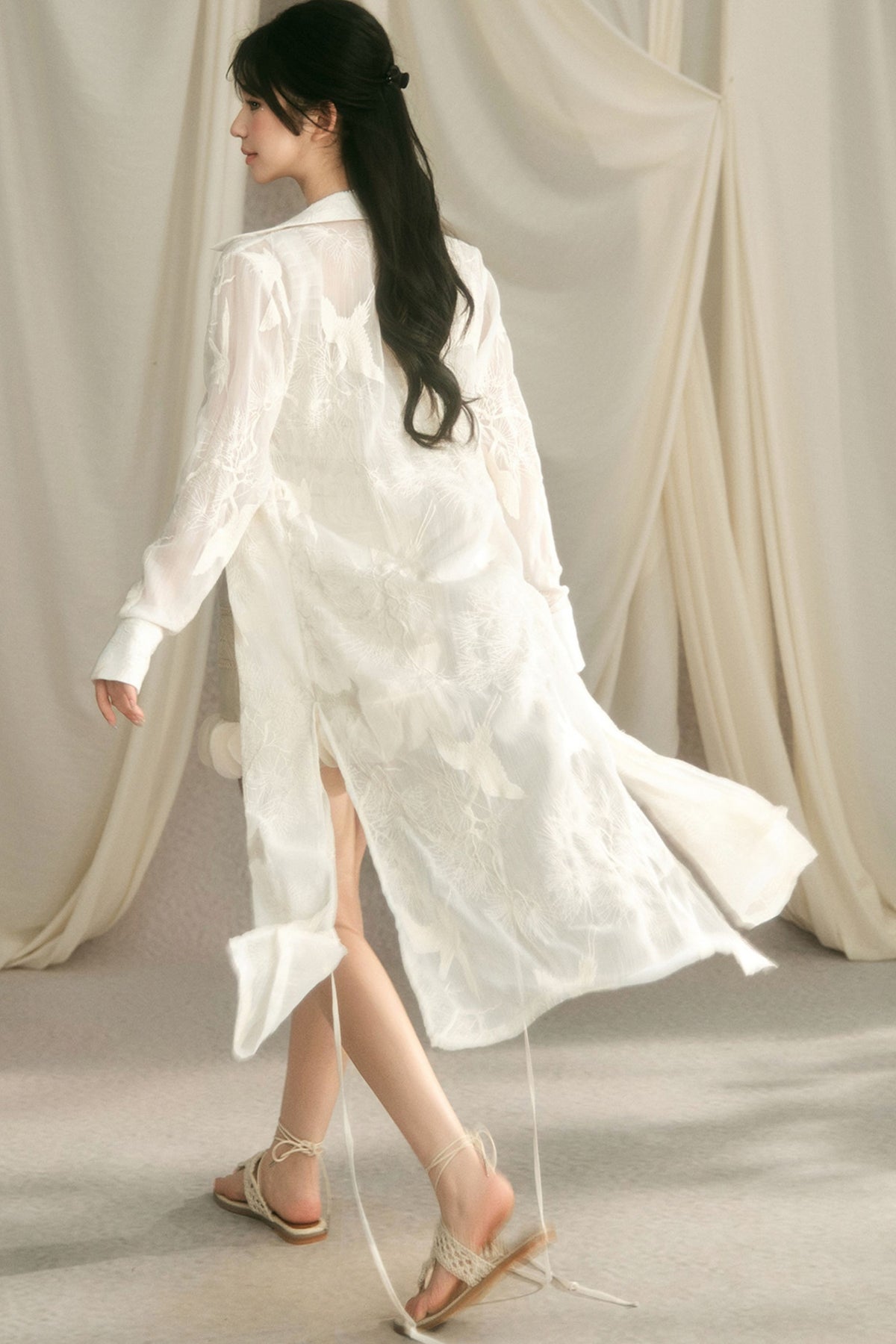 Crane Embroidery Waist-Tie Top