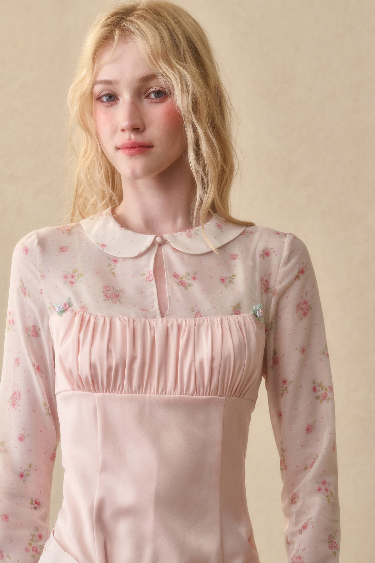 Peach Floral Satin Tencel Dress With Skirt Set-Up