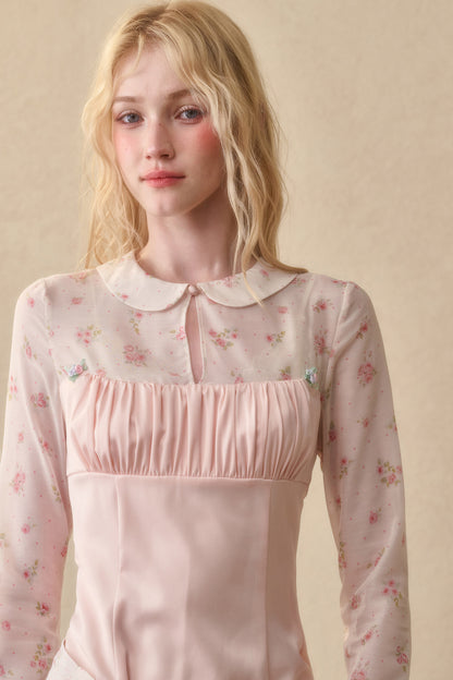Peach Floral Satin Tencel Dress With Skirt Set-Up