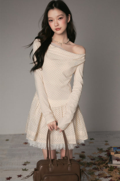 Off-Shoulder Polka Dot Lace Patchwork Dress