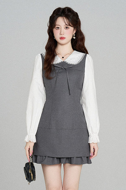 Gray Doll Collar Cinched Waist Dress