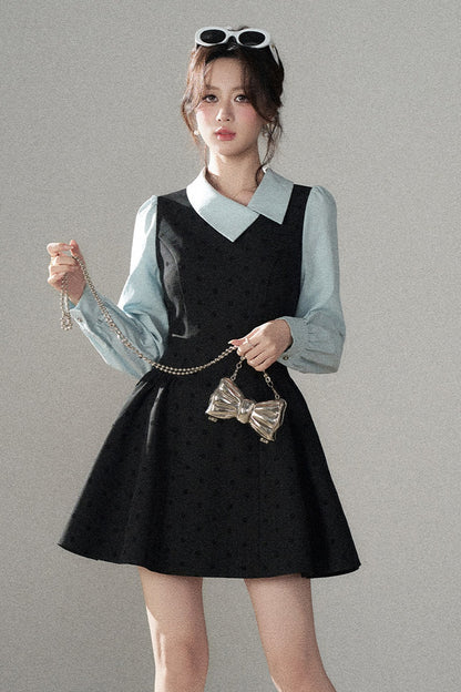Black Polka Dot Asymmetrical Collar Dress