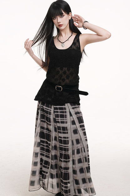 Gray Plaid Pleated Long Skirt