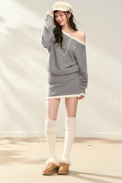 Off-Shoulder Knit Sweater and Skirt Set-Up