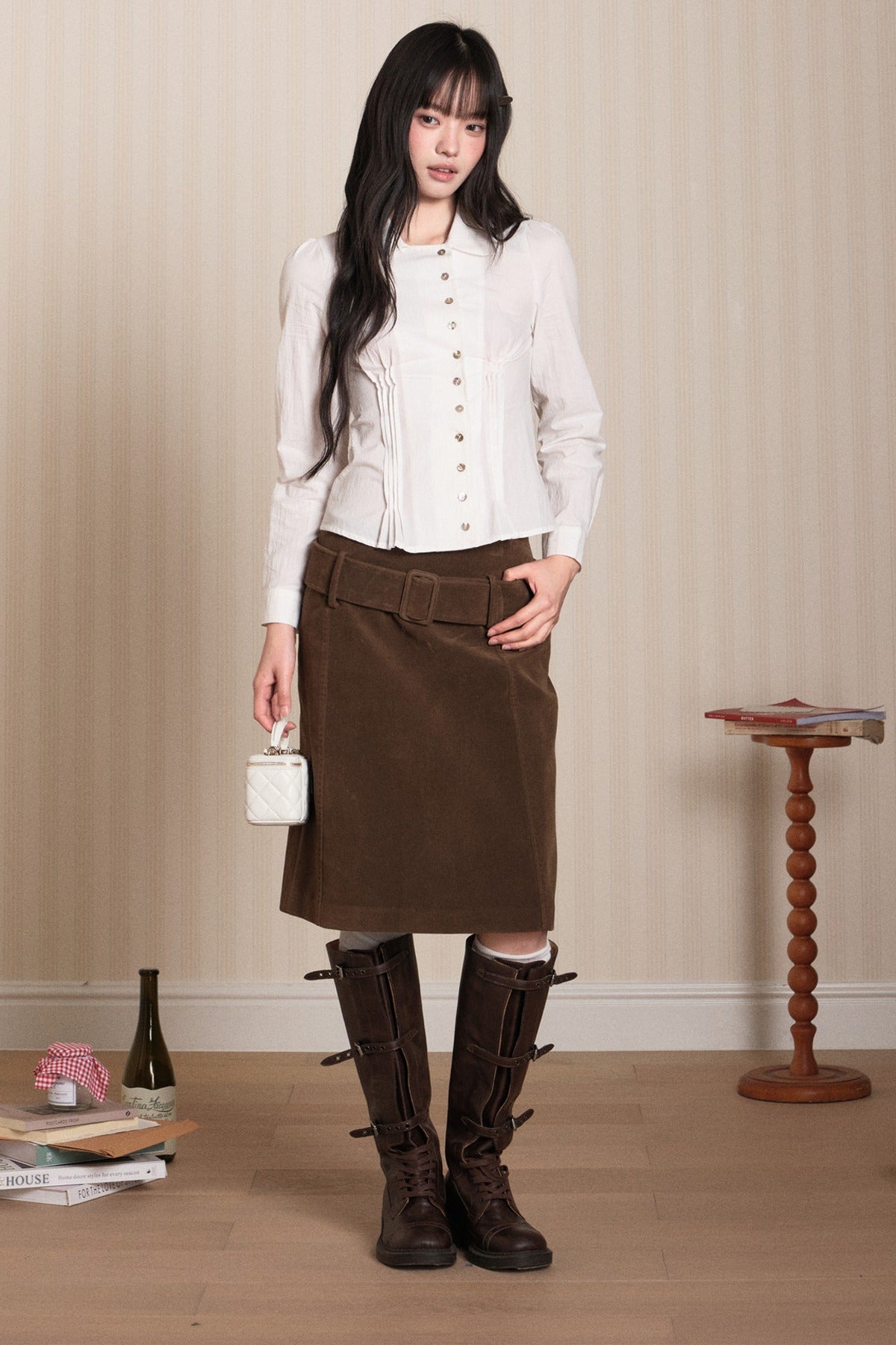 Pleated Shell Button Lapel Shirt