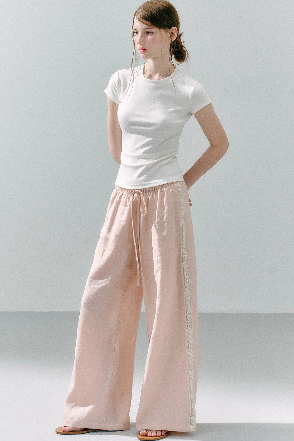 Pure Linen Lace-Trimmed Wide Leg Pants