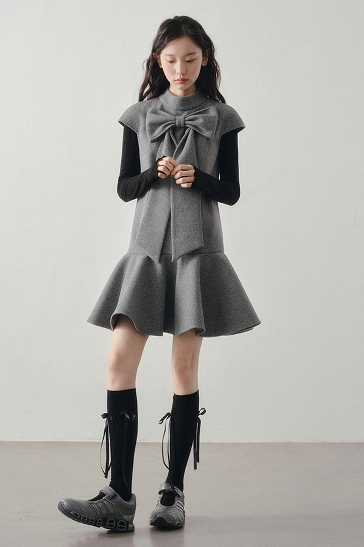 Woolen Bow Flutter Sleeve Dress