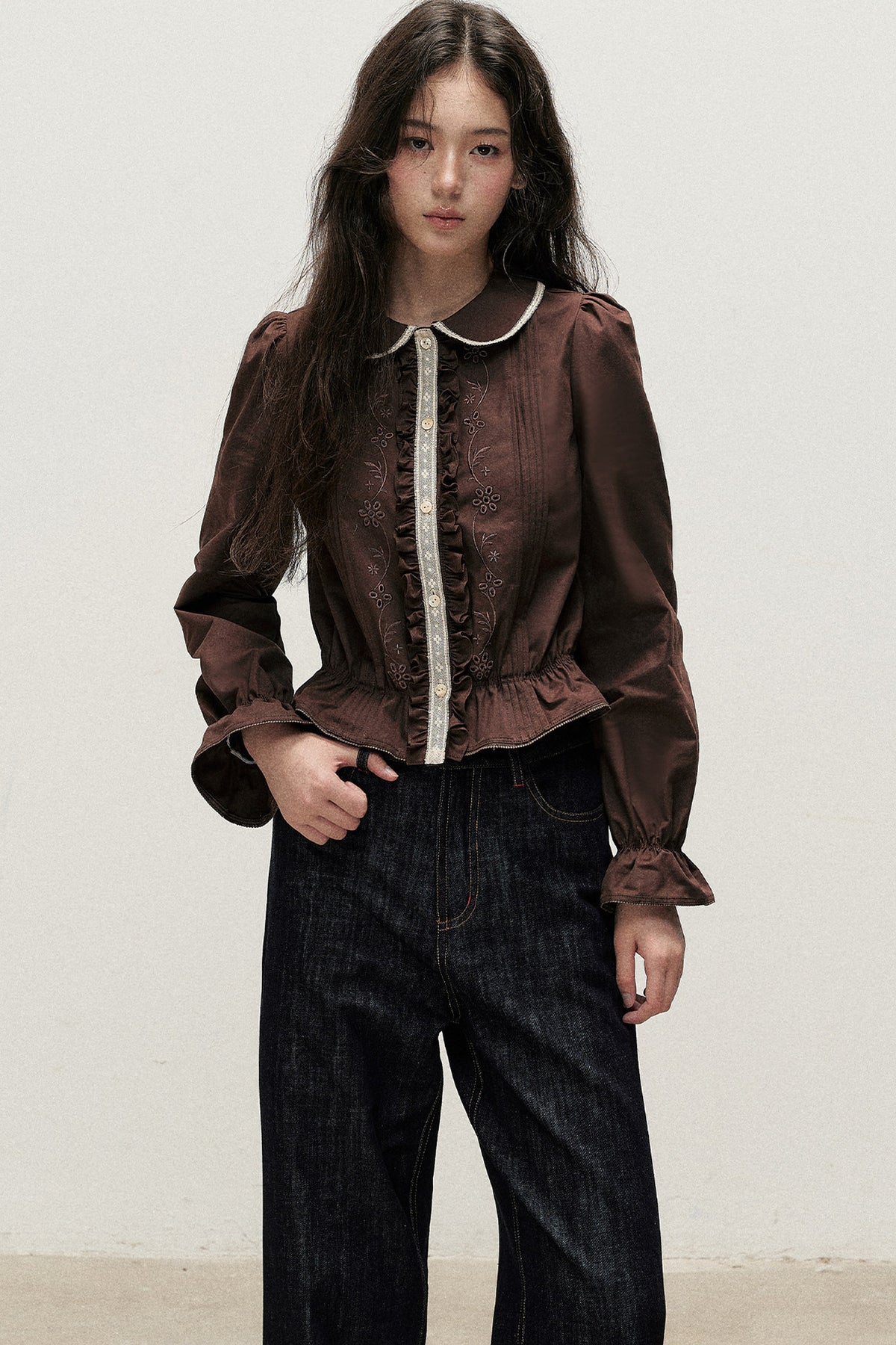 Brown Cotton Linen Doll Collar Shirt