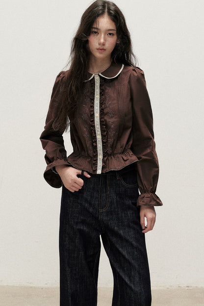 Brown Cotton Linen Doll Collar Shirt