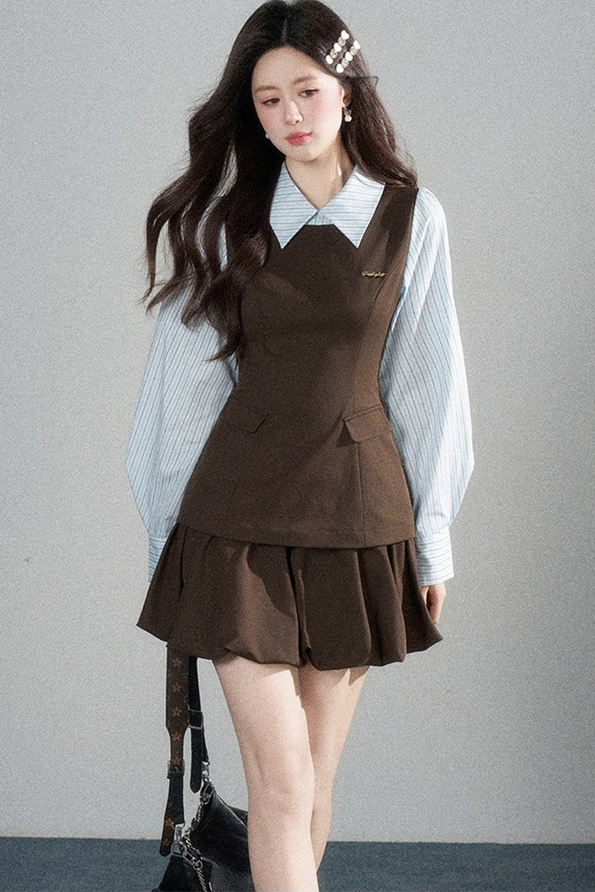 Preppy Layered-Look Striped Shirt Dress