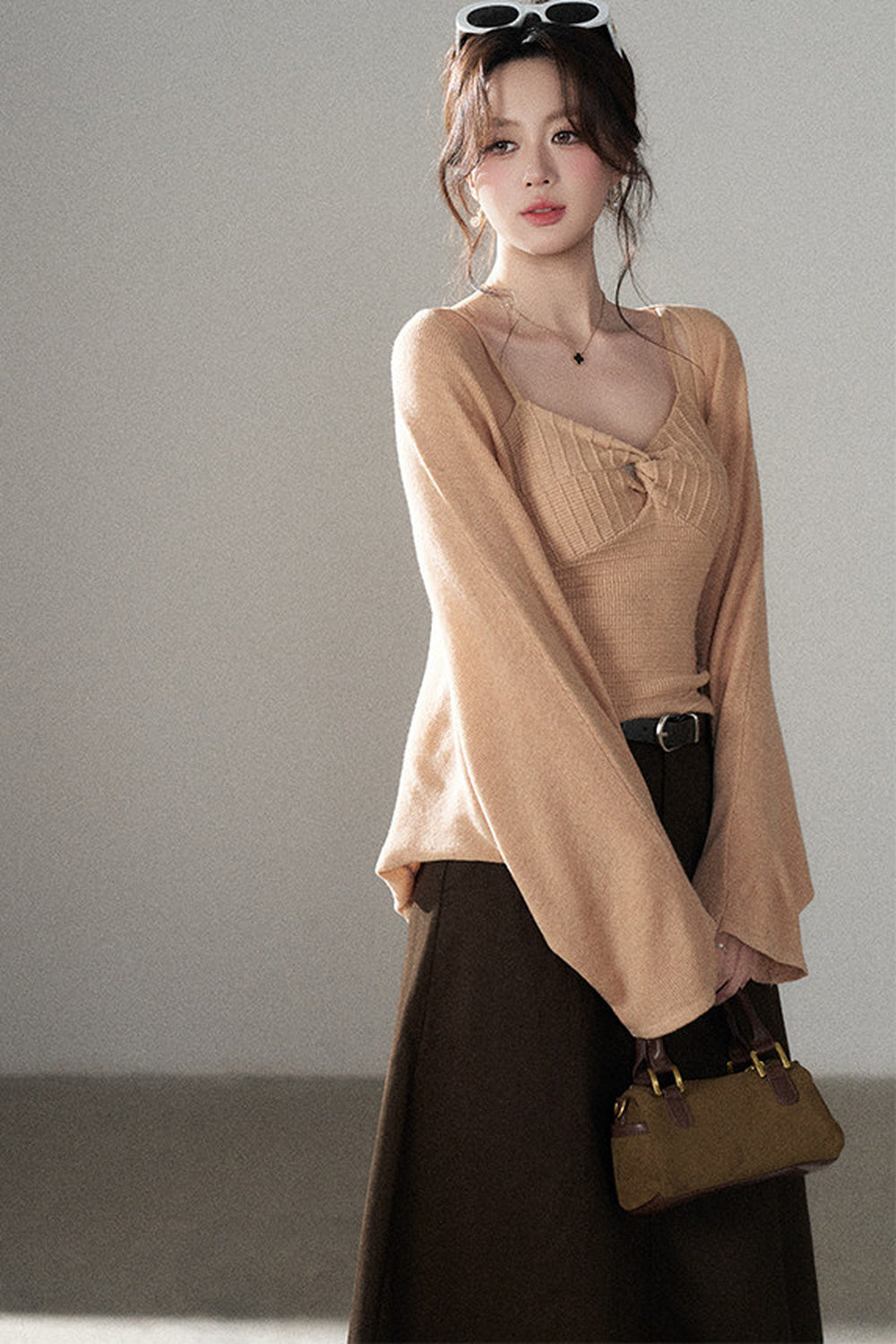 V-Neck Knitted Cardigan and Camisole Set-Up