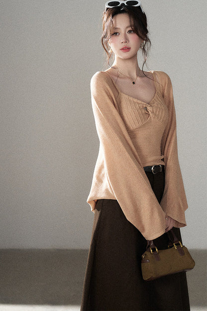 V-Neck Knitted Cardigan and Camisole Set-Up
