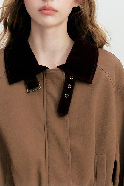 Short Color-Blocked PU Work Jacket