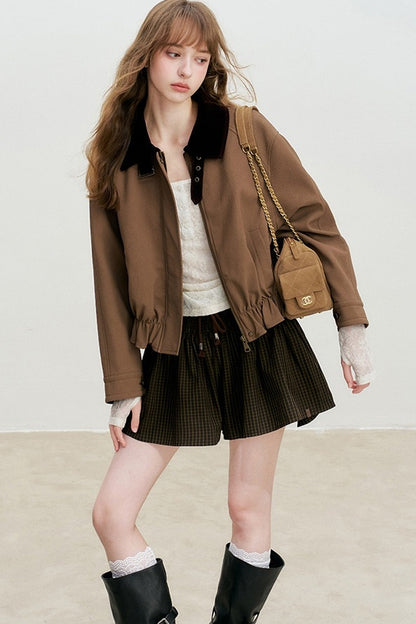 Short Color-Blocked PU Work Jacket