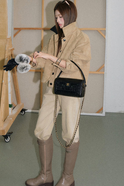 Faux Suede Woven Collar Jacket and Pants Set-Up