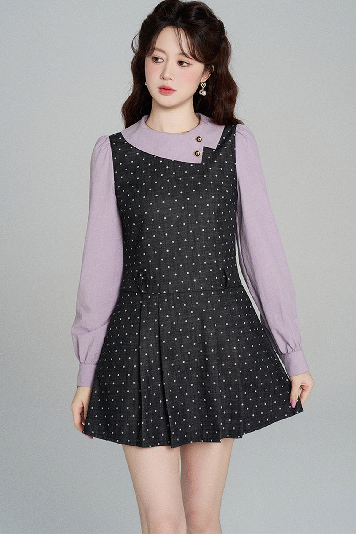 Black Purple Polka Dot Long Sleeve Dress