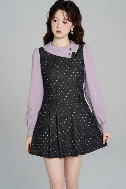 Black Purple Polka Dot Long Sleeve Dress