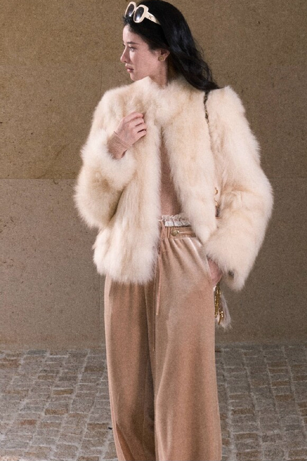 Lace Knit Long-Sleeve Top and Drape Velvet Straight-Leg Pants Set-Up