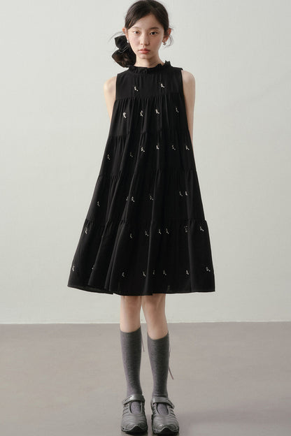 Embroidered Sleeveless Ruffle Stand Collar Dress