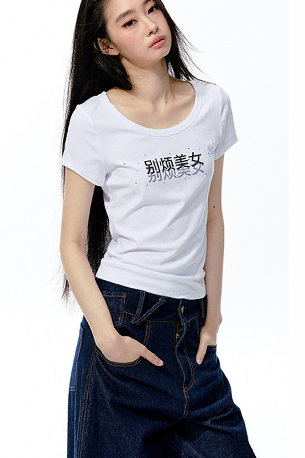 Rhinestone Text Print White T-Shirt