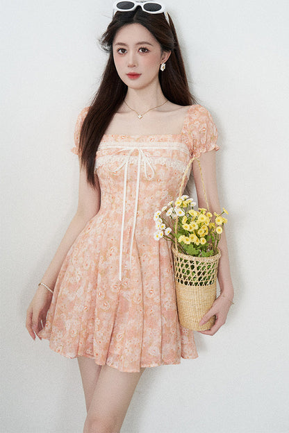 Square-Neck Floral Puff-Sleeve Chiffon Dress