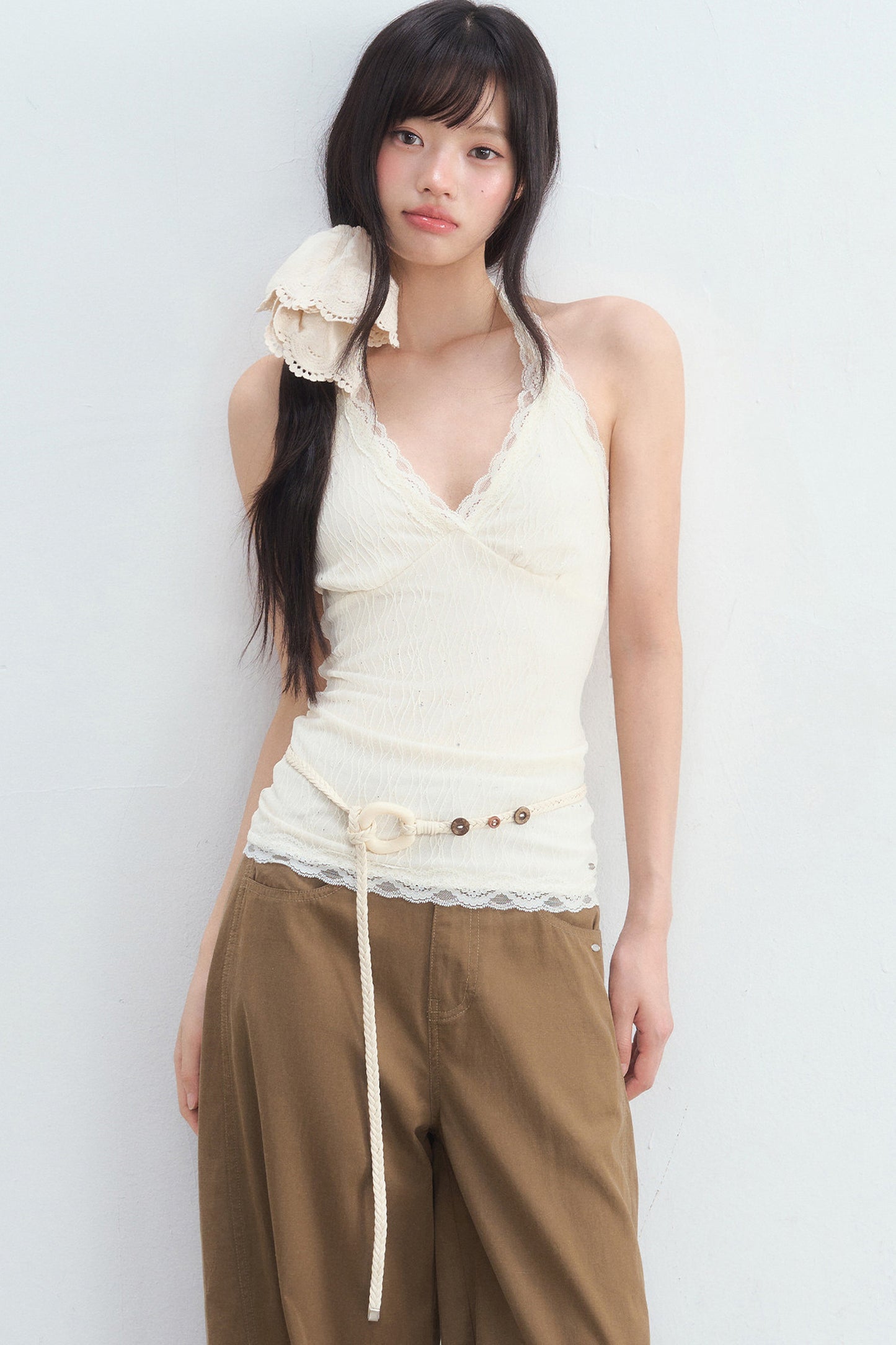 Textured Lace Halter Top And Trousers Set-Up