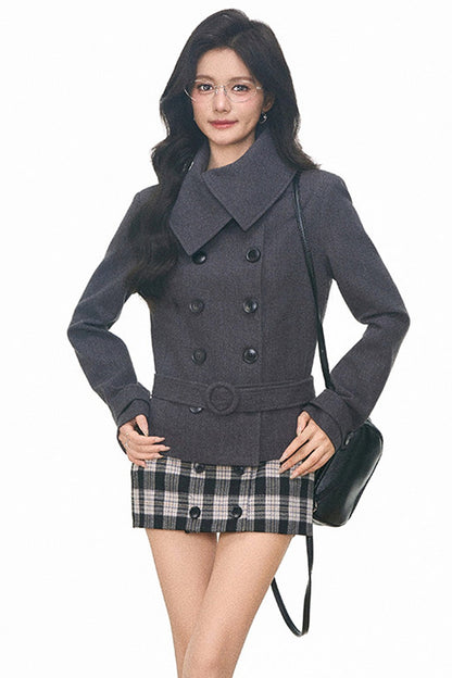 Double-Breasted Woolen Coat and Skirt Set-Up
