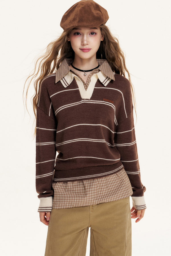 Striped Layered-Look Polo Sweater